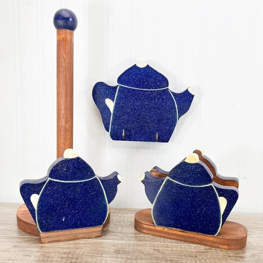 Blue Teapot Kitchen Decor Set:‎ Paper Towel & Napkin Holder, Oven Mitt Hook